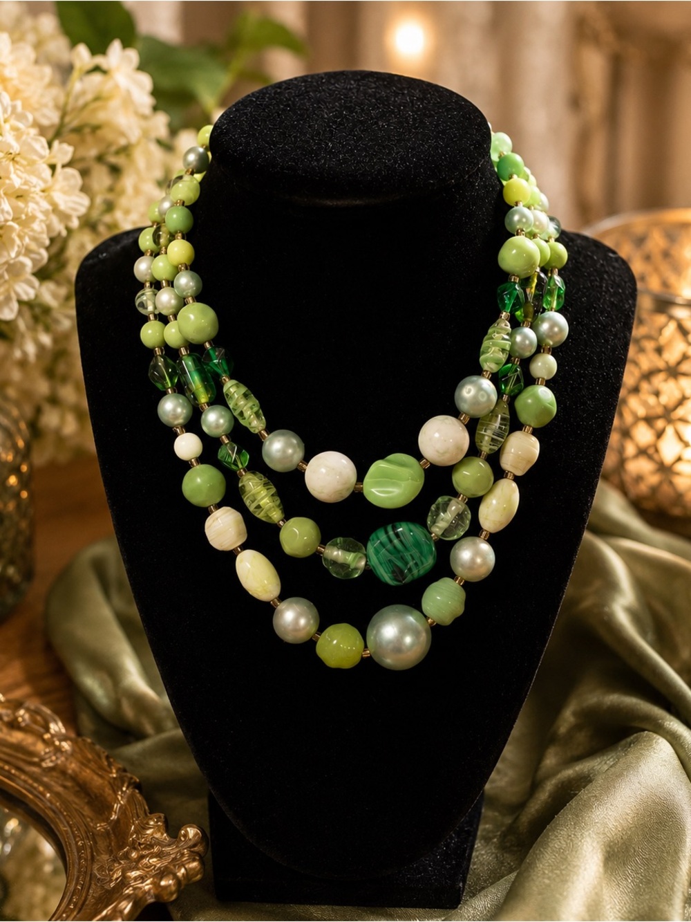 Vintage Japan Green Multi-Strand Glass Bead Choker Necklace Mid Century